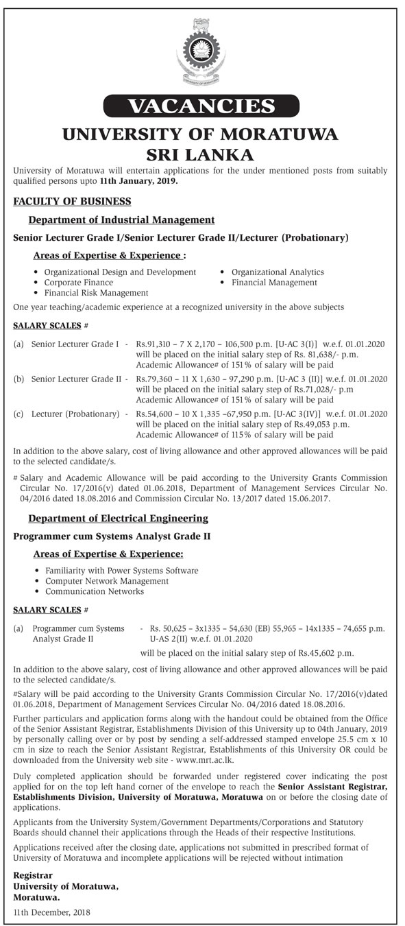 Senior Lecturer, Lecturer, Programmer cum System Analyst - University of Moratuwa